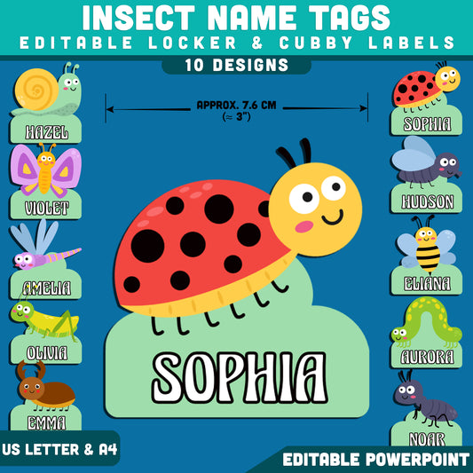 Insect Name Tags, Bug Classroom Labels, Editable Locker & Cubby Tags, Nature School Decor, PowerPoint Template, 10 Designs, US Letter, A4
