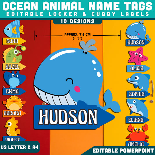Ocean Animal Name Tags, Editable Locker & Cubby Labels, Sea Life Student Labels, PowerPoint Template, 10 Designs, Classroom Decor, US Letter, A4