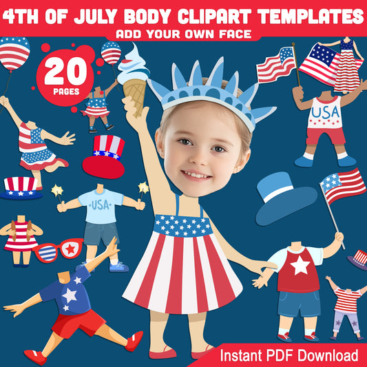 4th of July Body Cutout Templates: Add Your Face, 20 Fun Patriotic Printable Figures for Kids' DIY Craft and Decorations, Instant PDF Download