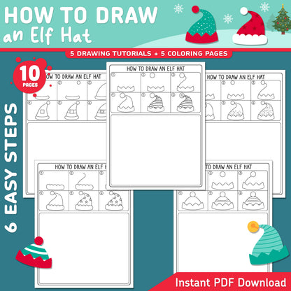 How to Draw an Elf Hat, Christmas Directed Drawing, 6 Steps + 5 Coloring Pages