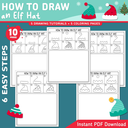 How to Draw an Elf Hat, Christmas Directed Drawing, 6 Steps + 5 Coloring Pages