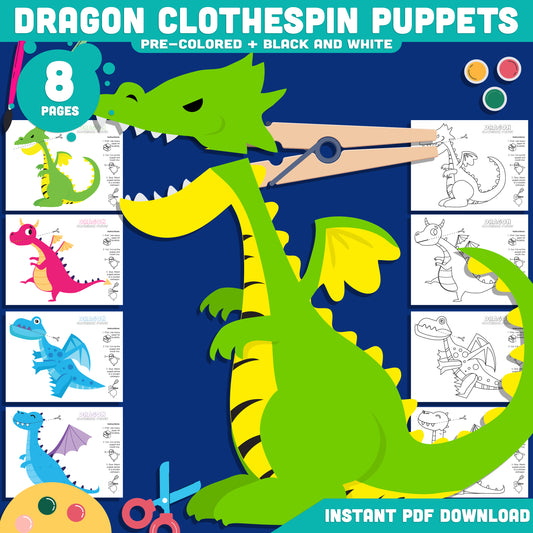 Dragon Clothespin Puppets, Color Cut and Create Fantasy Dragon Activity, Printable Puppet Craft PDF