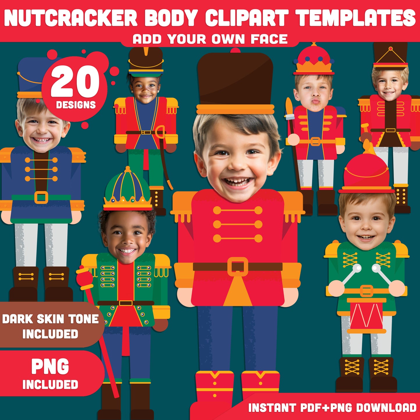 Add Your Face Nutcracker Body Templates, Christmas Craft for Kids, 20 unique designs Light + Dark Skin Tone, PDF + PNG for Classroom Decorations and Family Activities