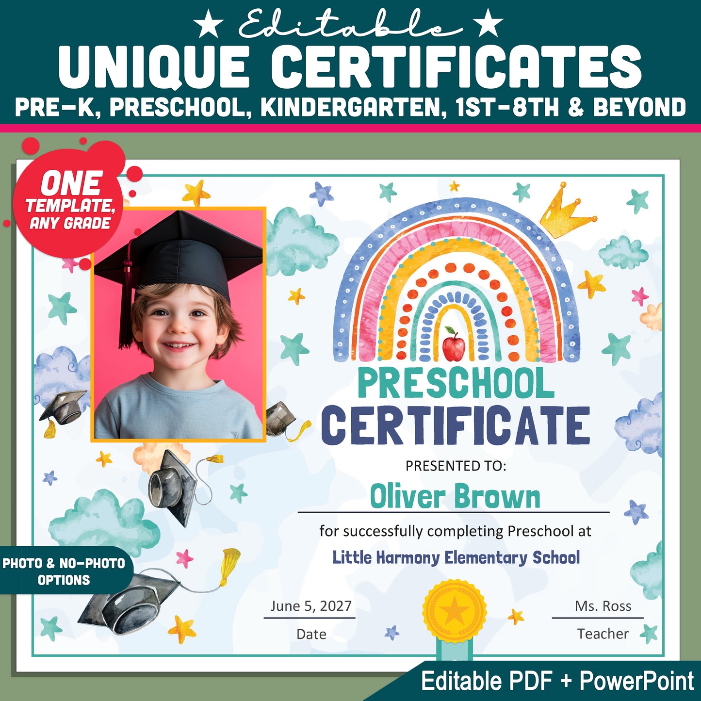 Unique Certificates and Diplomas, Watercolor Graduation Keepsakes for Preschool & Beyond, Editable Awards, With and Without Photo, PDF PowerPoint