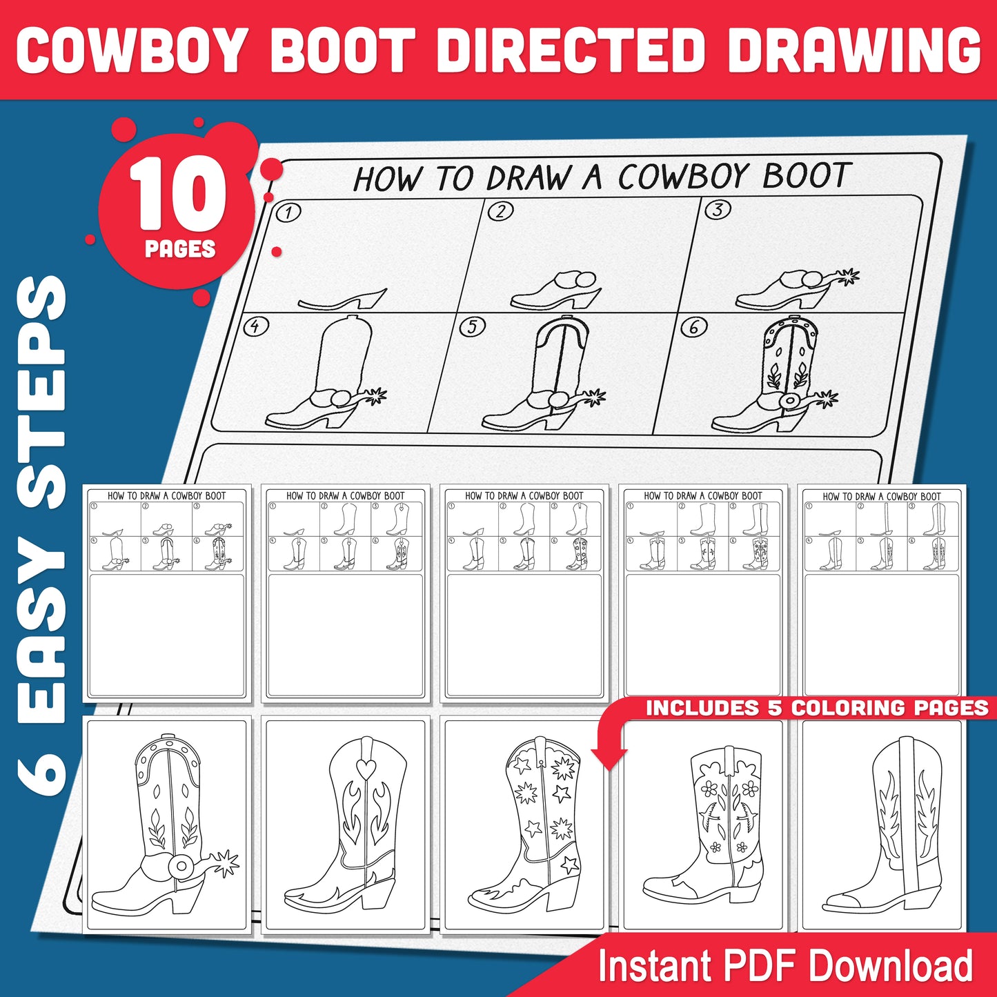 How to Draw a Cowboy Boot, Directed Drawing Activity, Printable Art Lesson, Learn to Draw in 6 Simple Steps, 5 Coloring Pages, PDF Download