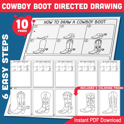 How to Draw a Cowboy Boot, Directed Drawing Activity, Printable Art Lesson, Learn to Draw in 6 Simple Steps, 5 Coloring Pages, PDF Download