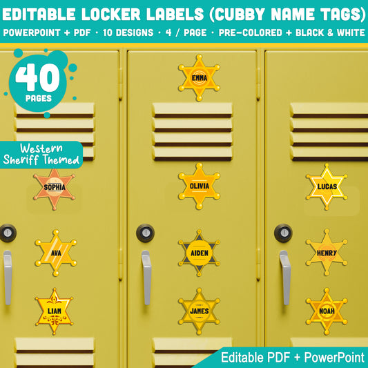 Editable Cubby Name Tags and Locker Labels, Western Sheriff Cowboy Theme, 40 Pages, PDF + PowerPoint, Pre-Colored + Black & White