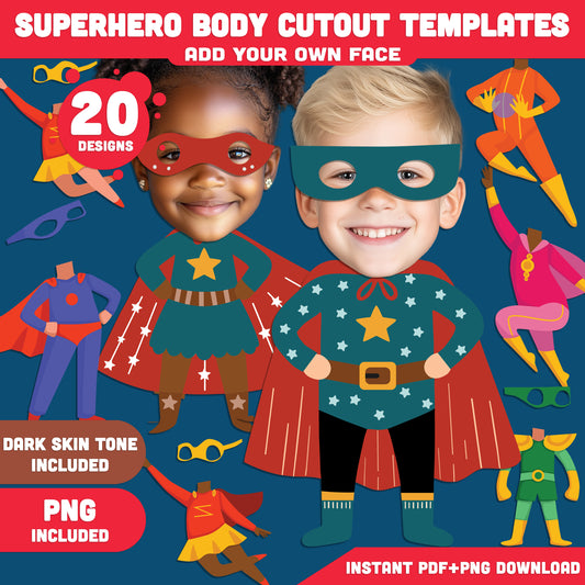 Superhero Body Cutout Clip Art: Add Your Own Face for a Customizable, Fun Activity, Perfect for Kids’ Crafts & Parties, Light + Dark Skin Tone, PDF + PNG