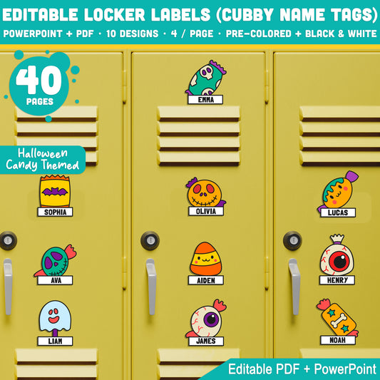 Editable Locker Labels (Cubby Name Tags), Halloween Candy Themed, 10 Designs, Pre-Colored + Black & White, PDF + PowerPoint, Perfect for Classroom