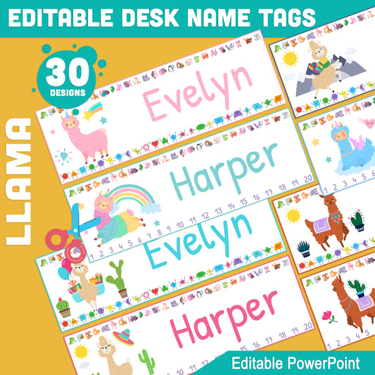 Editable Llama Desk Name Tags for Students: 30 Designs, 8.5"x11", 2/Page, Size 10"x3.25", Includes Alphabet, Shapes, and Numbers 1-20