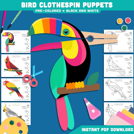 Bird Clothespin Puppets for Kids: Fun 8-Page Printable Craft with 4 Designs, Including Toucan, Cardinal, Cockatoo & Parrot – Instant PDF Download