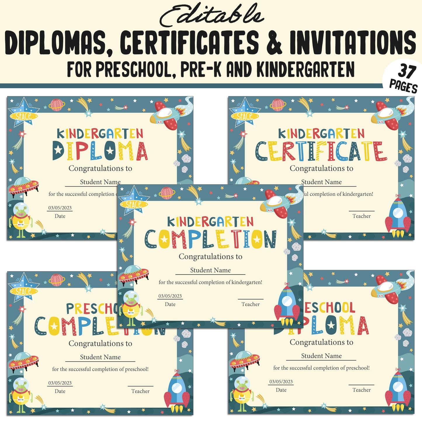 Kindergarten Certificates End of the Year, Preschool, Pre K, Diplomas & Invitations, 37 Customizable PDF Pages, Instant Download