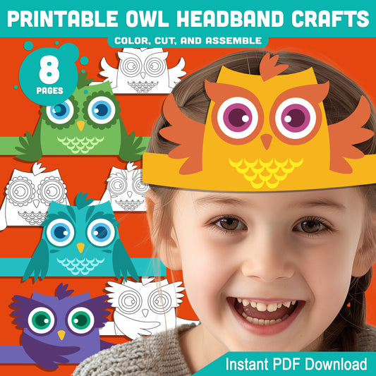 Printable Owl Headband Crafts, Autumn Paper Crown Hat Activity, Fun Cut, Color & Assemble Craft for Kids, 5 Owl Designs, Pre-colored + Black & White, PDF Download
