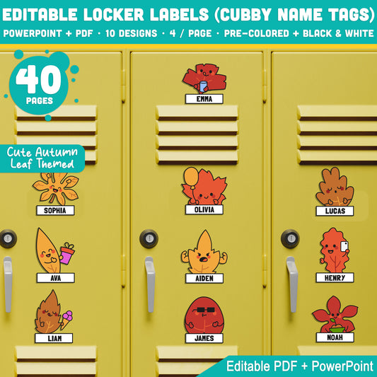 Editable Locker Labels (Cubby Name Tags), Autumn Leaf Themed, 40 Pages, 4/Page, PDF + PowerPoint, Pre-Colored + Black & White, Great for Fall Back to School