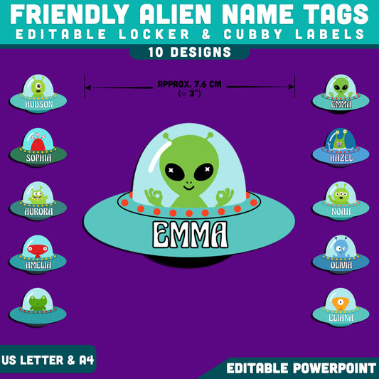 Friendly Alien Name Tags, Editable Locker & Cubby Labels, Playful Space Theme, PowerPoint Template, 10 Designs, Classroom Organization, US Letter, A4