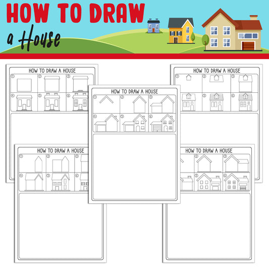 Learn How to Draw a House Easy: Directed Drawing Step by Step Tutorial, Includes 5 Coloring Pages, PDF File, Instant Download.