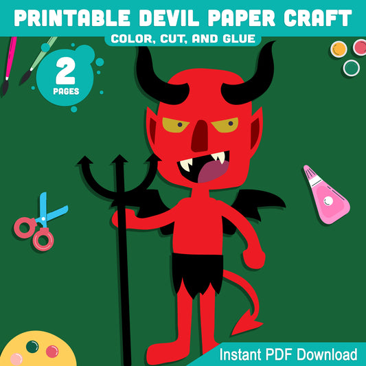 Printable Devil Paper Craft for Kids, Easy Halloween Cut and Glue Project, Preschool, Pre-K, Kindergarten, Fall Classroom Craft, 2 Pages PDF
