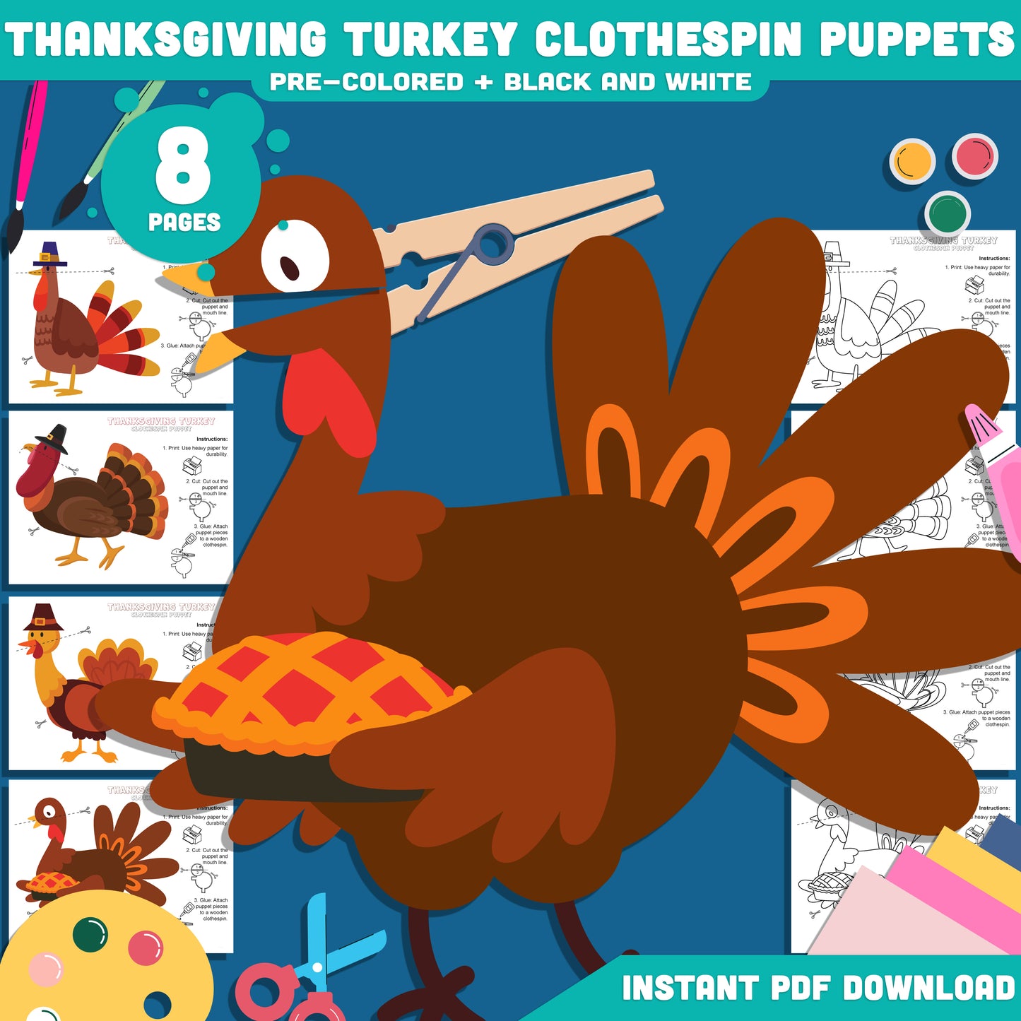 Printable Thanksgiving Turkey Clothespin Puppets – Cute Fall Craft for Preschool & Kindergarten, Perfect for Dramatic Play, 4 Designs, Instant Download
