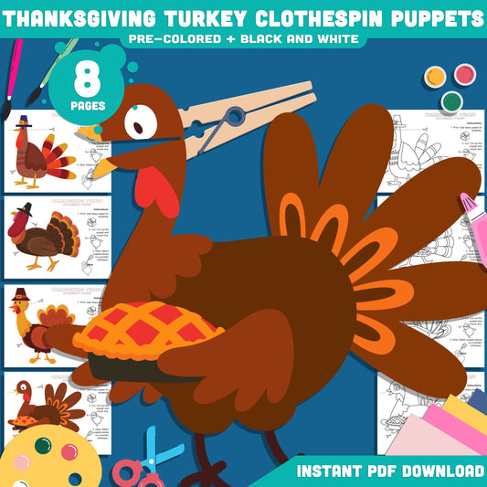 Printable Thanksgiving Turkey Clothespin Puppets – Cute Fall Craft for Preschool & Kindergarten, Perfect for Dramatic Play, 4 Designs, Instant Download