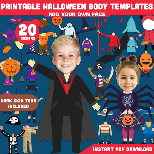 Printable Halloween Body Templates for Kids – 20 Light + 20 Dark Skin Designs, 8.5"x11", Add Your Own Face, Fun Craft, Home & Classroom
