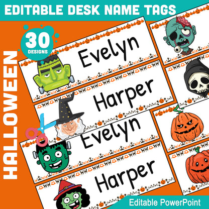 Customizable Halloween Student Name Plates: Spooky Classroom Labels, Desk Tags & Bulletin Board Fun, 30 Designs, 8.5"x11", 2/Page