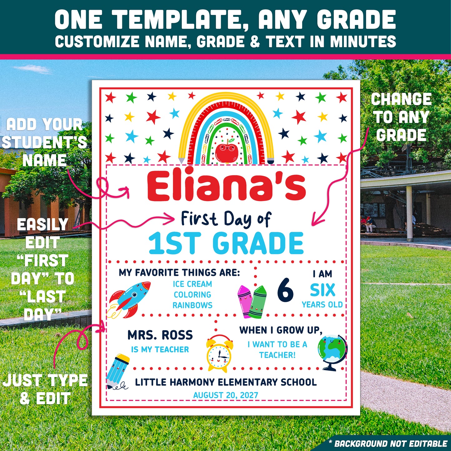 Editable First & Last Day of 1st Grade Sign, Printable Back to School Sign for Kids, PDF and PowerPoint, 16x20" Poster
