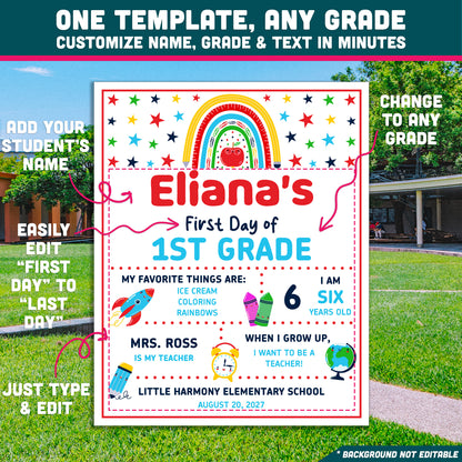 Editable First & Last Day of 1st Grade Sign, Printable Back to School Sign for Kids, PDF and PowerPoint, 16x20" Poster