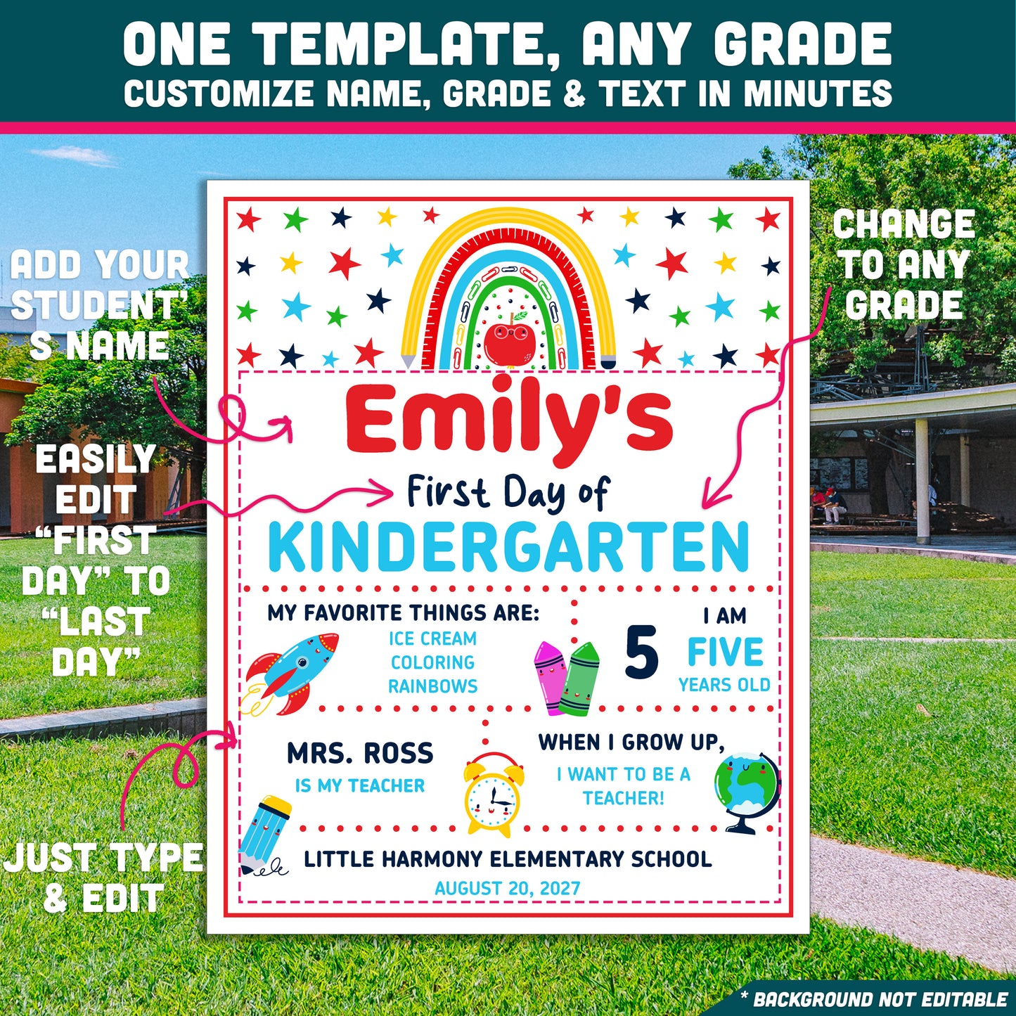 Editable First and Last Day of Kindergarten Sign, Colorful First Day School Poster, Printable Classroom Photo Sign Set
