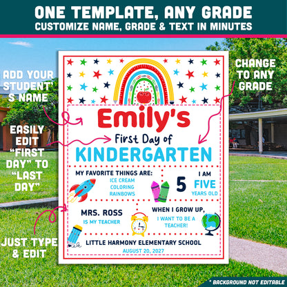 Editable First and Last Day of Kindergarten Sign, Colorful First Day School Poster, Printable Classroom Photo Sign Set
