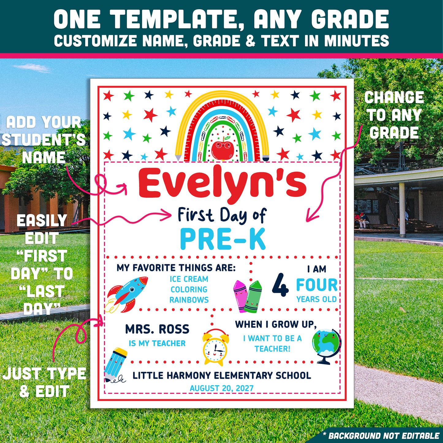 Editable First and Last Day of Pre-K Sign, Printable Back to School Poster, PDF and PowerPoint, 16x20" Poster, A4