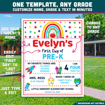 Editable First and Last Day of Pre-K Sign, Printable Back to School Poster, PDF and PowerPoint, 16x20" Poster, A4
