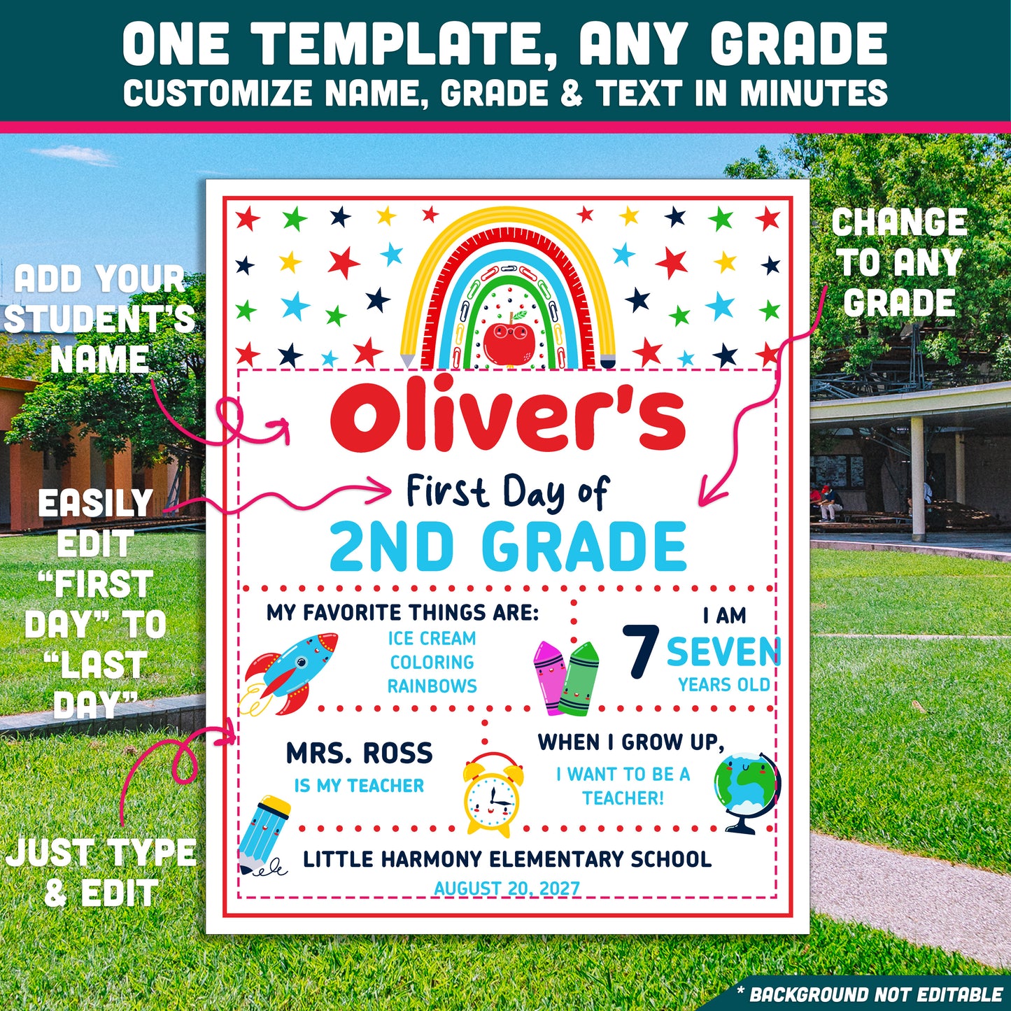 Editable First & Last Day of 2nd Grade Sign, Printable Back to School Picture Board, PDF and PowerPoint, 16x20" Poster