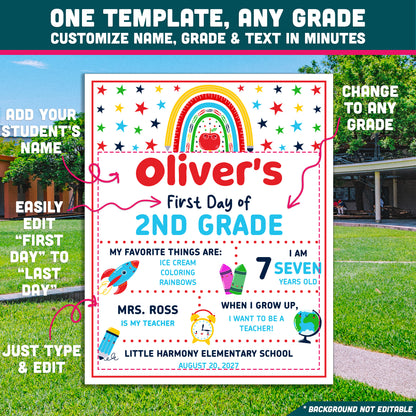 Editable First & Last Day of 2nd Grade Sign, Printable Back to School Picture Board, PDF and PowerPoint, 16x20" Poster
