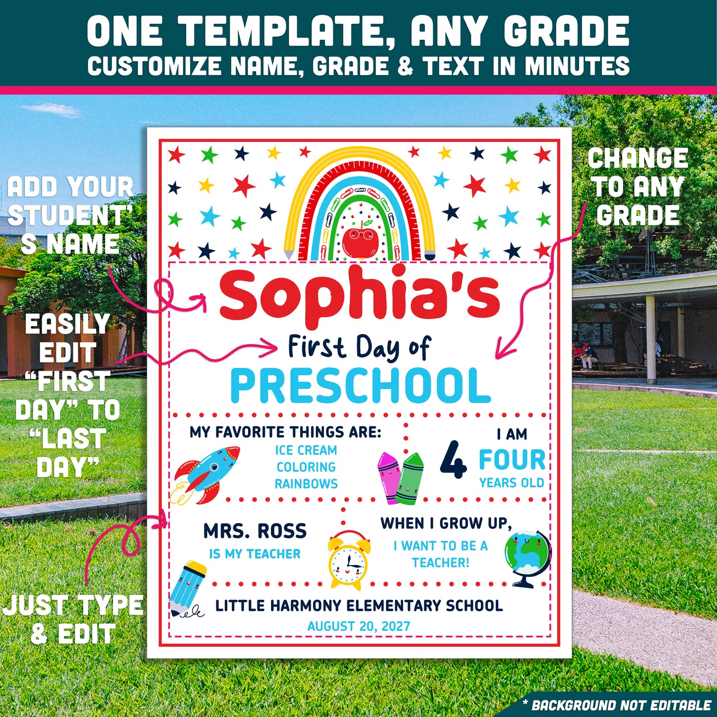 Editable First & Last Day of Preschool Sign, Printable Back to School Picture Board, PDF and PowerPoint, 16x20" Poster