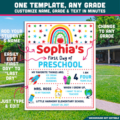 Editable First & Last Day of Preschool Sign, Printable Back to School Picture Board, PDF and PowerPoint, 16x20" Poster