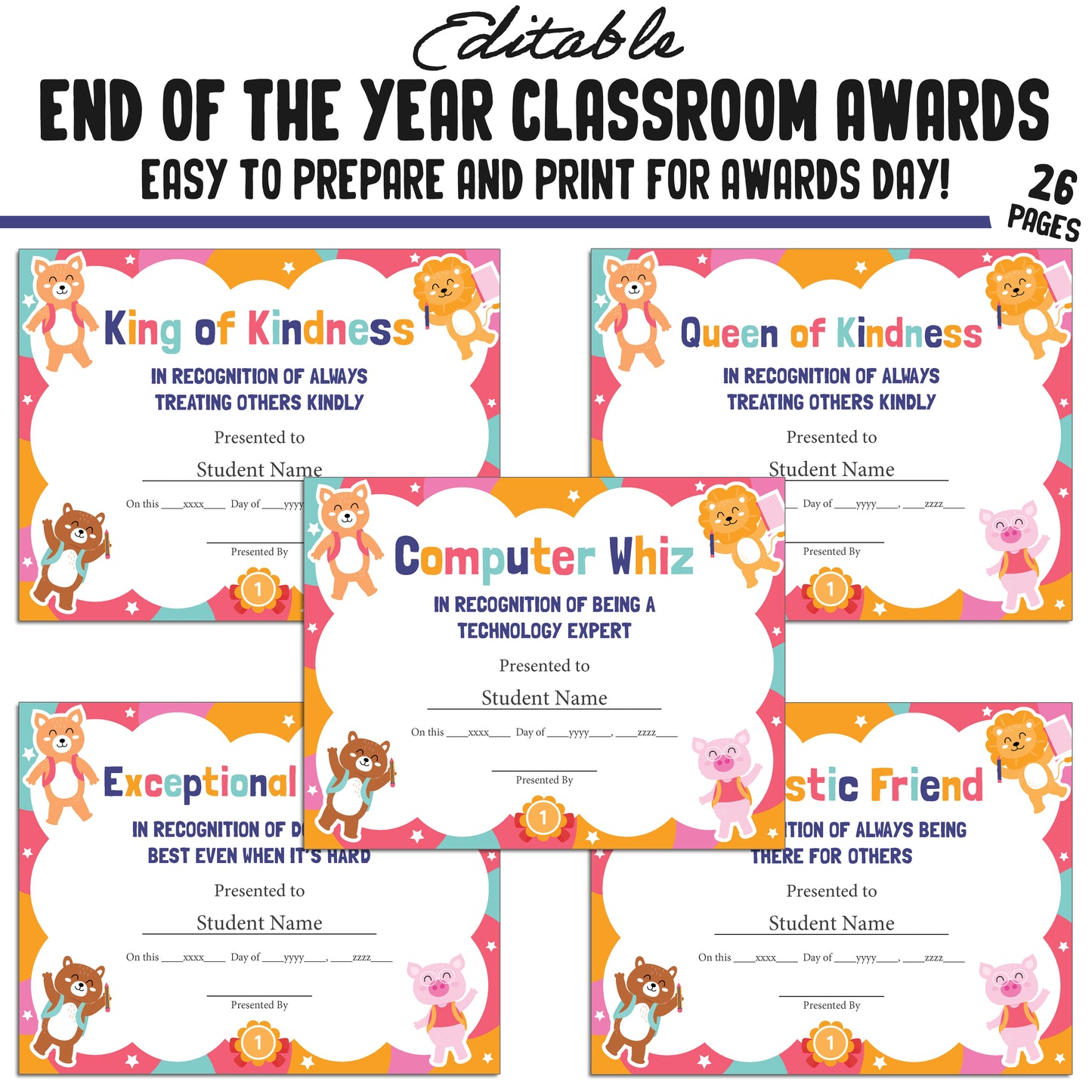 Editable, Creative End-of-Year Class Awards for Students, 26 Pages, PDF, Instant Download – Perfect for Classroom and Student Achievements.