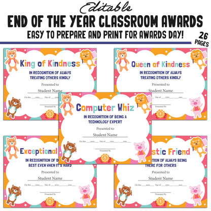 Editable, Creative End-of-Year Class Awards for Students, 26 Pages, PDF, Instant Download – Perfect for Classroom and Student Achievements.