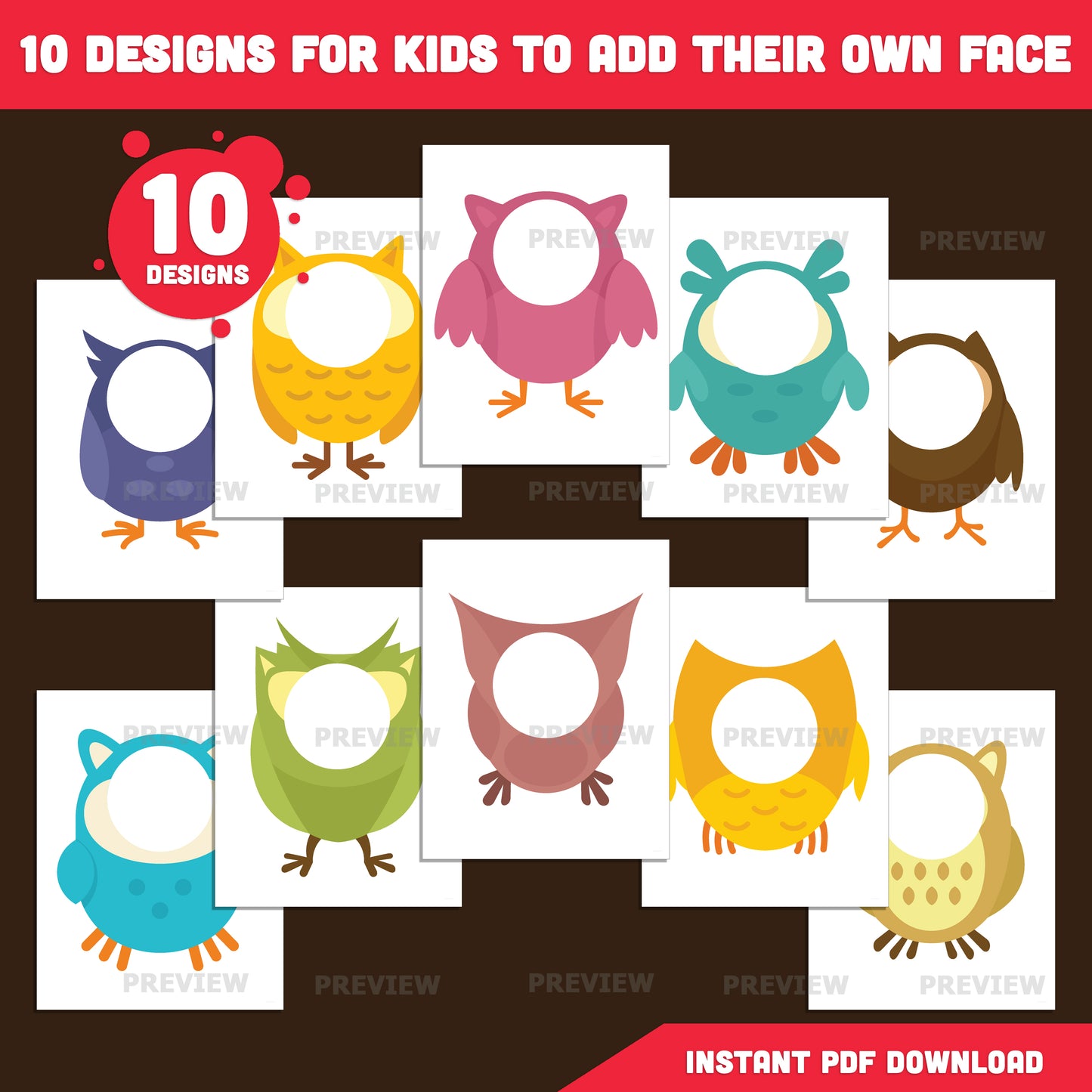 Owl Body Templates, Add Your Own Face Printable Craft, Personalized Owl Characters, 10 Printable Designs, PNG, US Letter, A4 PDF