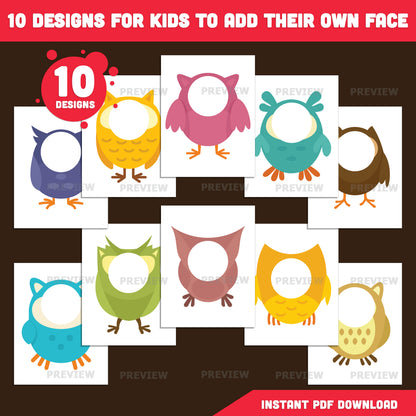 Owl Body Templates, Add Your Own Face Printable Craft, Personalized Owl Characters, 10 Printable Designs, PNG, US Letter, A4 PDF