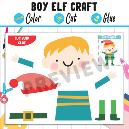 Cute Boy Elf Craft: Fun Christmas Activity for Kids, Color, Cut, and Glue, Pre K to 2nd Grade, PDF Instant Download