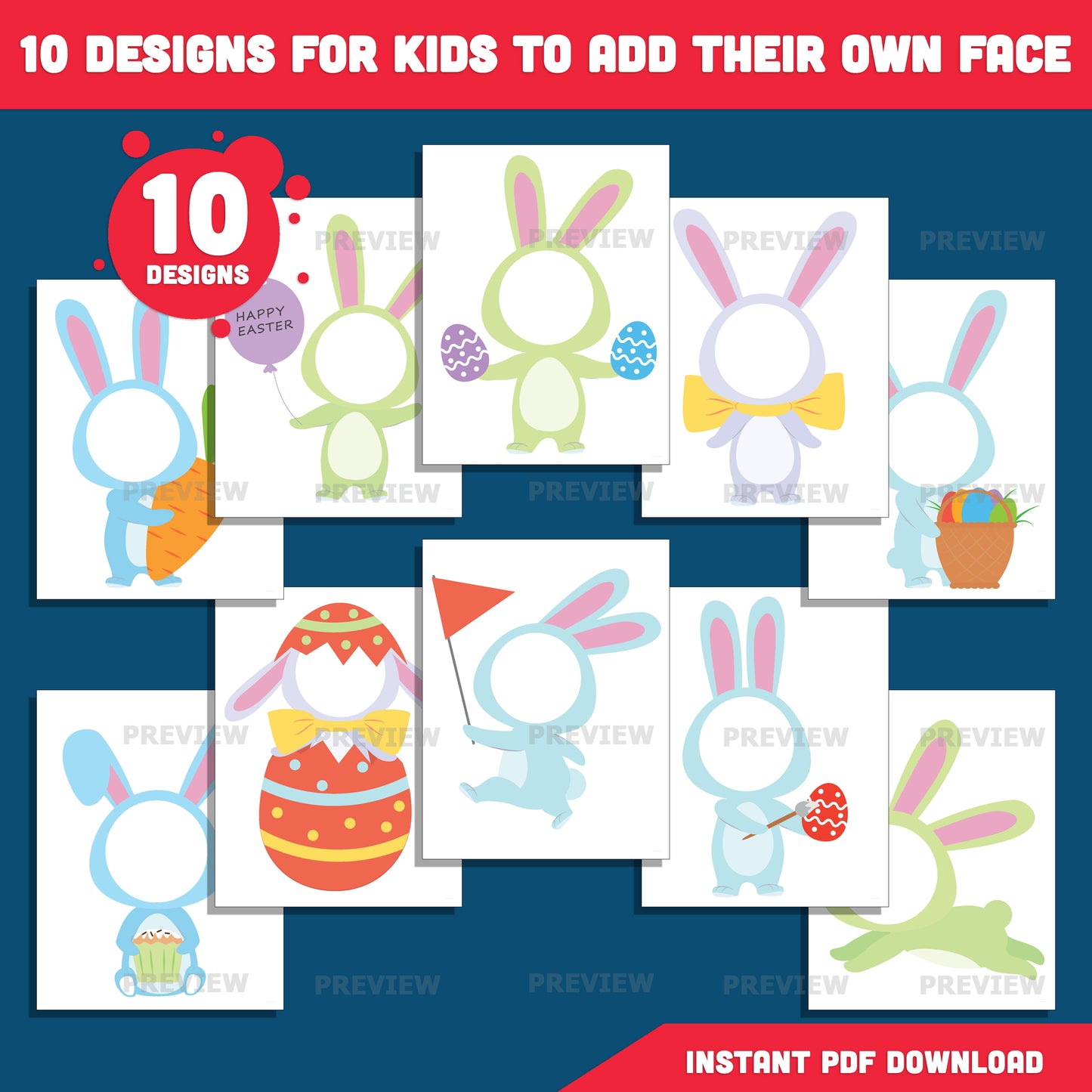Easter Bunny Body Templates – Spring Add Your Own Face Craft for Kids, Coloring Version Included, 300 DPI PDF + PNG Files