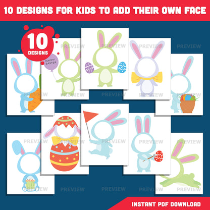 Easter Bunny Body Templates – Spring Add Your Own Face Craft for Kids, Coloring Version Included, 300 DPI PDF + PNG Files