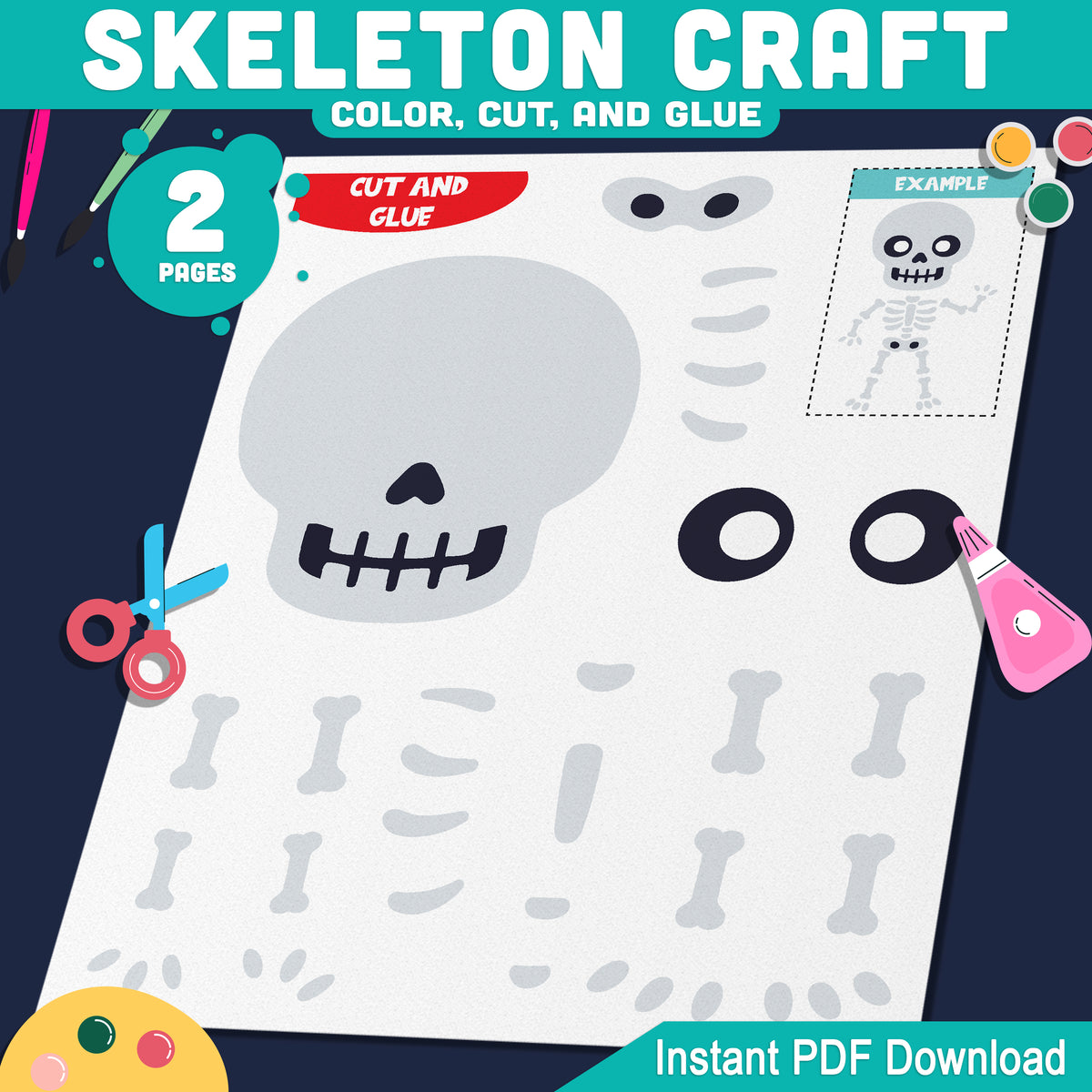 Skeleton Craft for Kids, Build a Skeleton Halloween Activity, Cut and Glue Paper Craft, Coloring Option, Letter and A4 Printable PDF