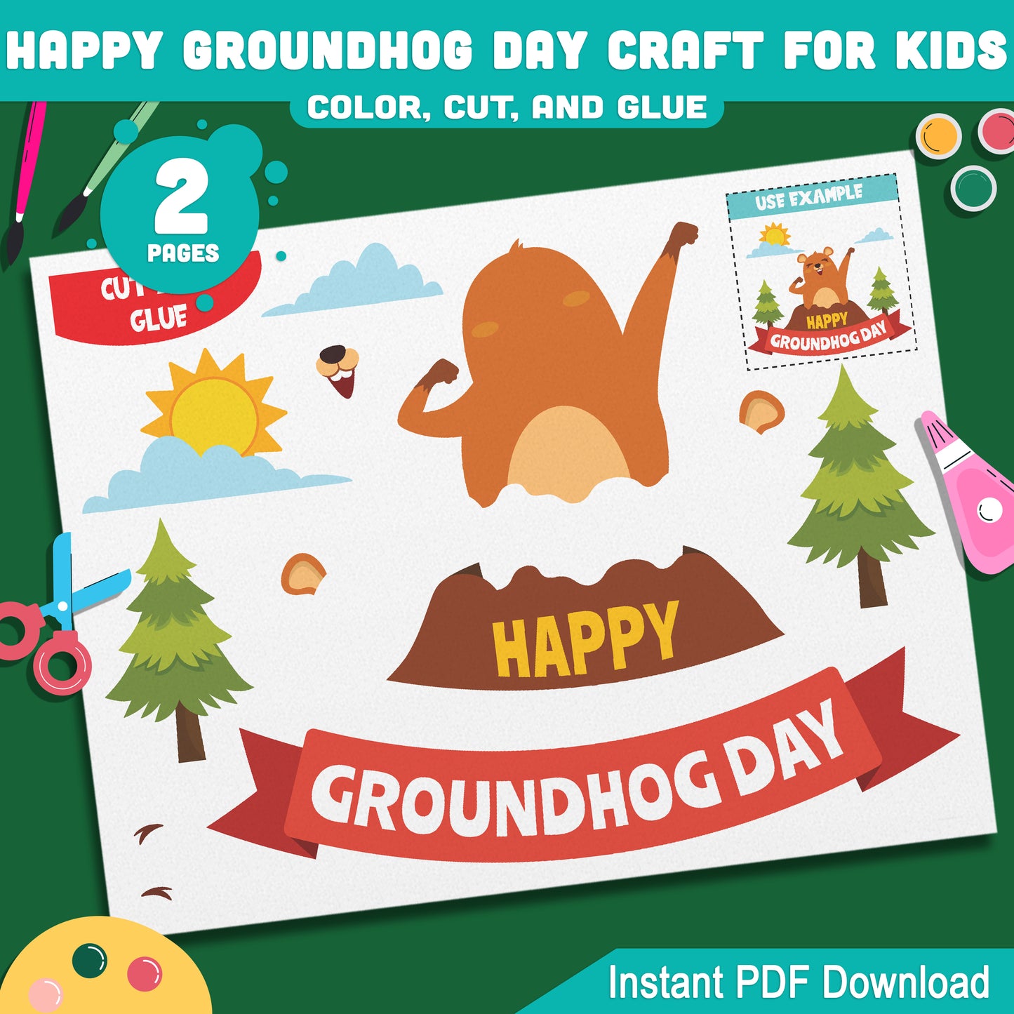 Happy Groundhog Day Craft for Kids Color Cut and Glue Activity, Simple Groundhog Day Bulletin Board Craft for Preschool Pre-K Kindergarten