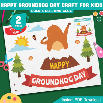 Happy Groundhog Day Craft for Kids Color Cut and Glue Activity, Simple Groundhog Day Bulletin Board Craft for Preschool Pre-K Kindergarten