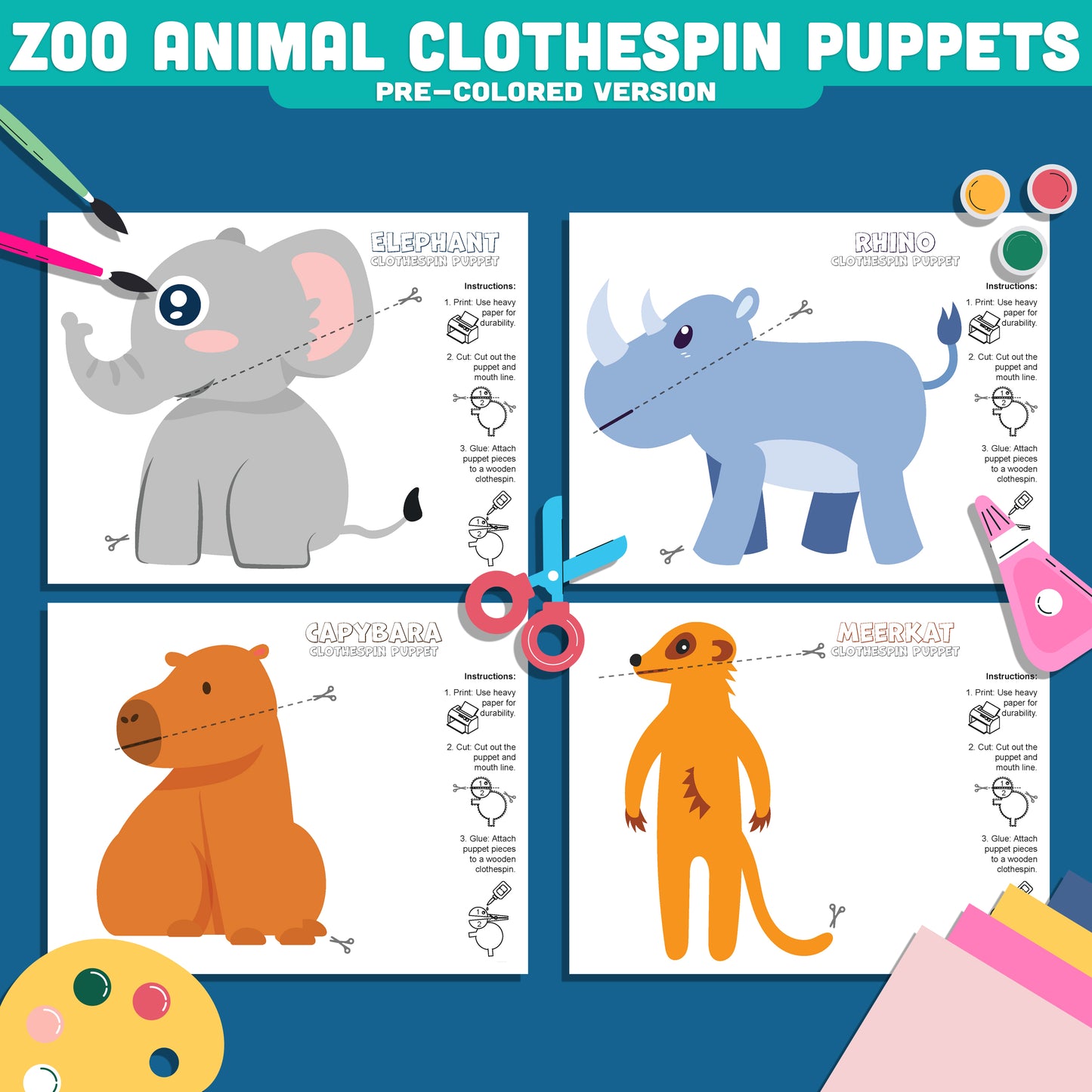 Zoo Animal Clothespin Puppets, Interactive Wildlife Craft Activity, Elephant Capybara Meerkat Rhino Printable Set