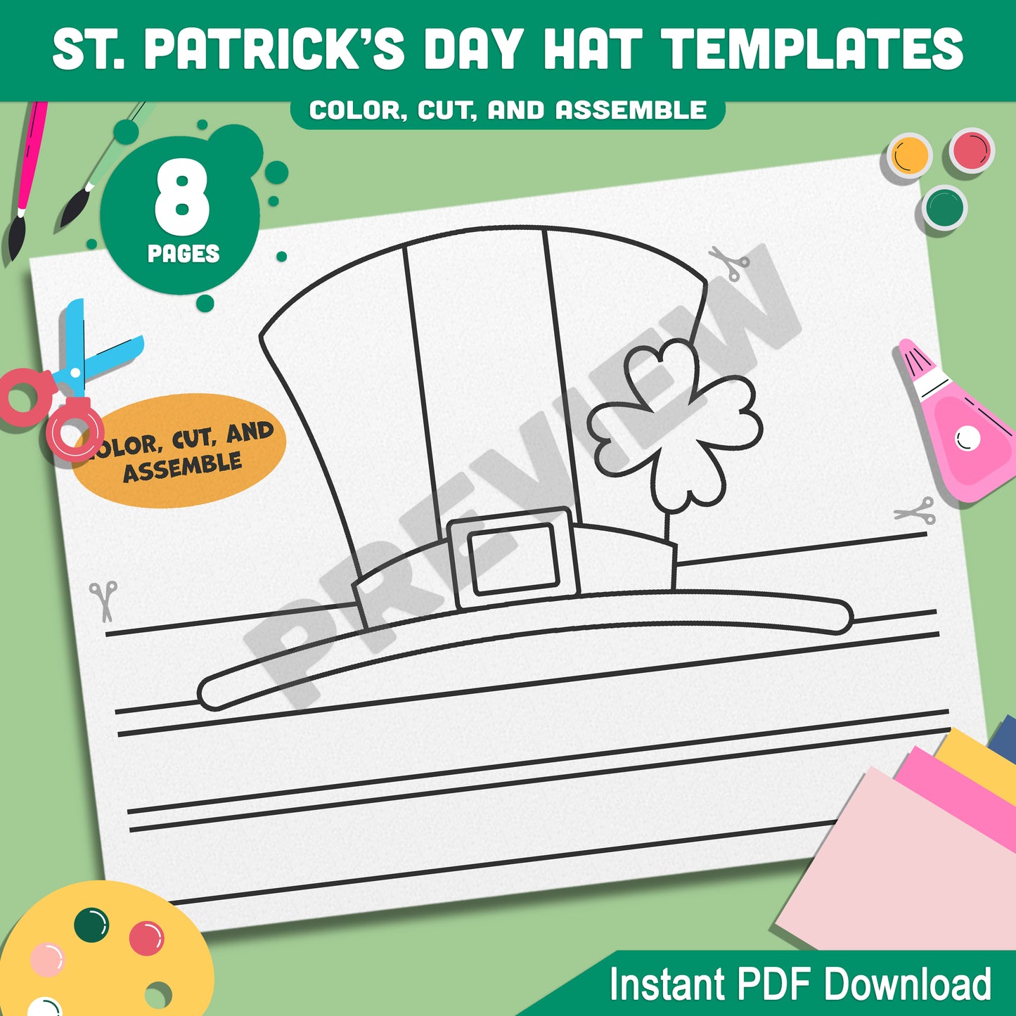 St. Patrick’s Day Hat Craft for Kids: 4 Creative Templates to Color, Cut, and Assemble in Color and Black-and-White, PDF Instant Download