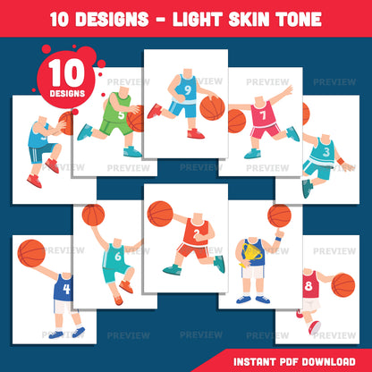 Basketball Player Body Templates, Add Your Own Face Craft Activity, Sports Photo Insert Printable, 20 Designs Light & Dark Skin Tone, Coloring Version Included