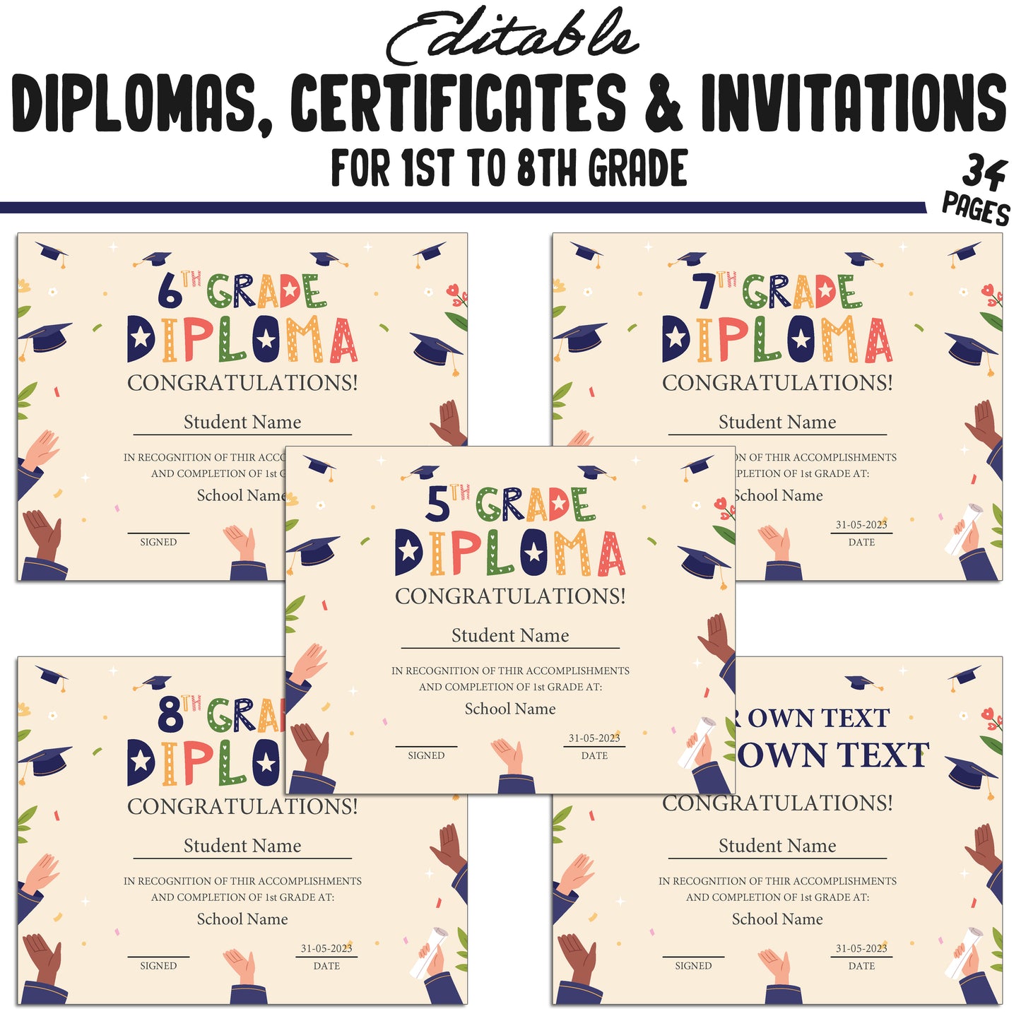 34 Editable/Printable First Grade Diplomas, 1st-8th Grade Certificates, Diplomas & Invitation Templates, Graduation-Themed, PDF