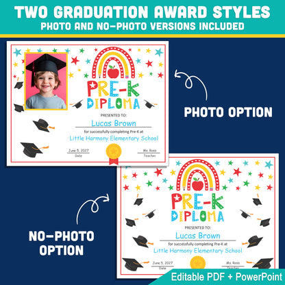 Editable Pre-K Graduation Diploma & Certificate Set, Printable Graduation Awards with Photo and No-Photo Options, Edit in PDF, PowerPoint, Canva